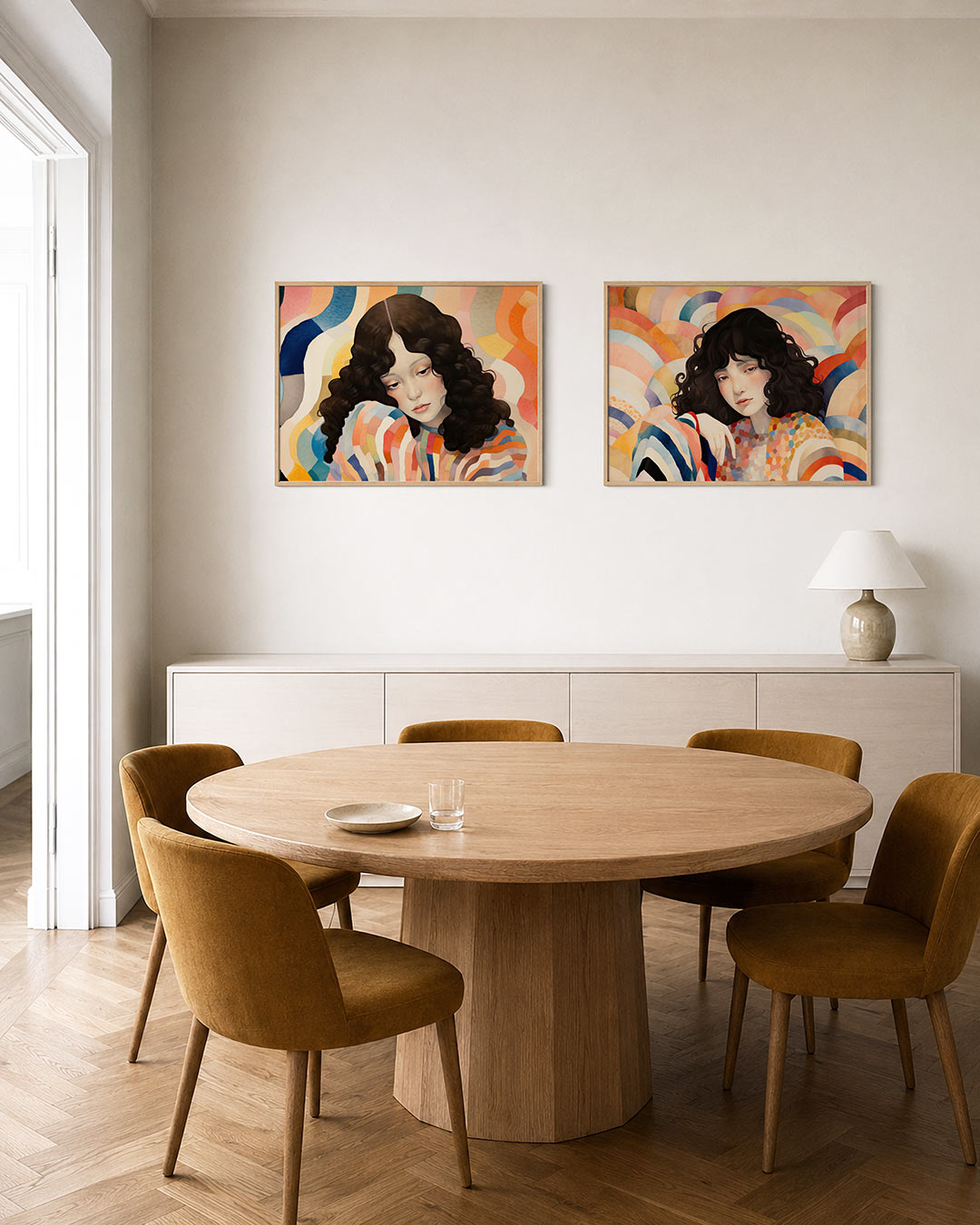 Interieurpresentatie van twee posters met een vloeiende mix van golvende lijnen en zachte kleuren
