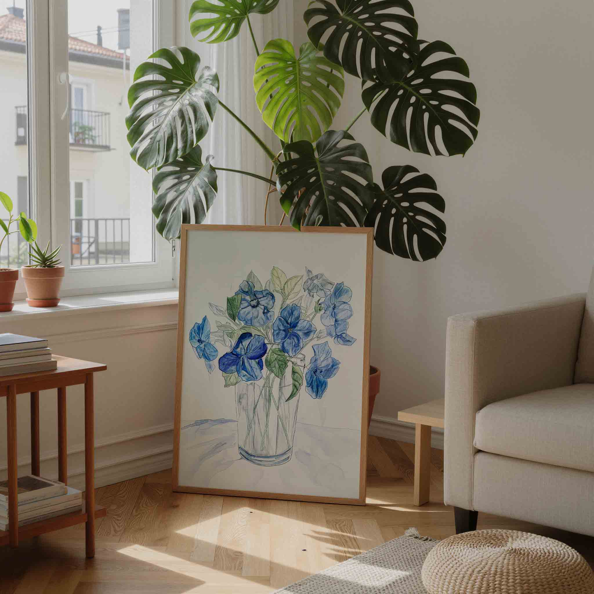 Blauwe bloemen in vaas Poster