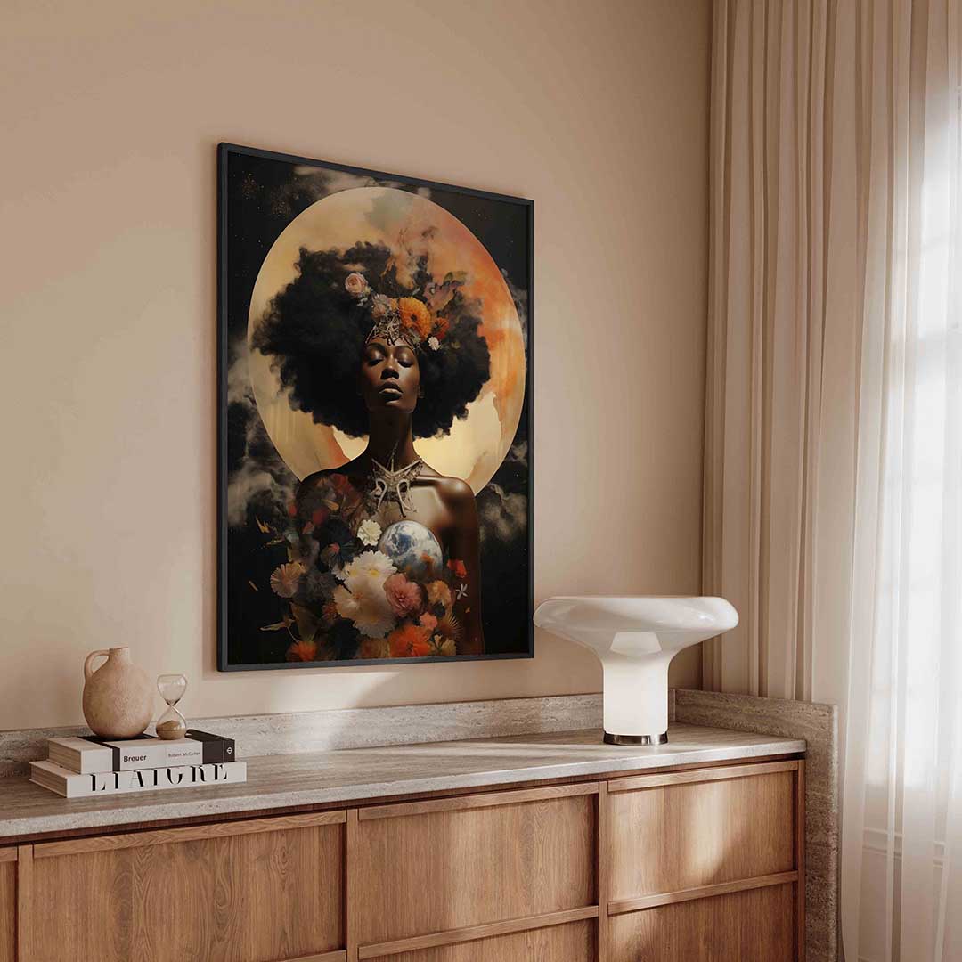 Vrouw met bloemen en maan Poster