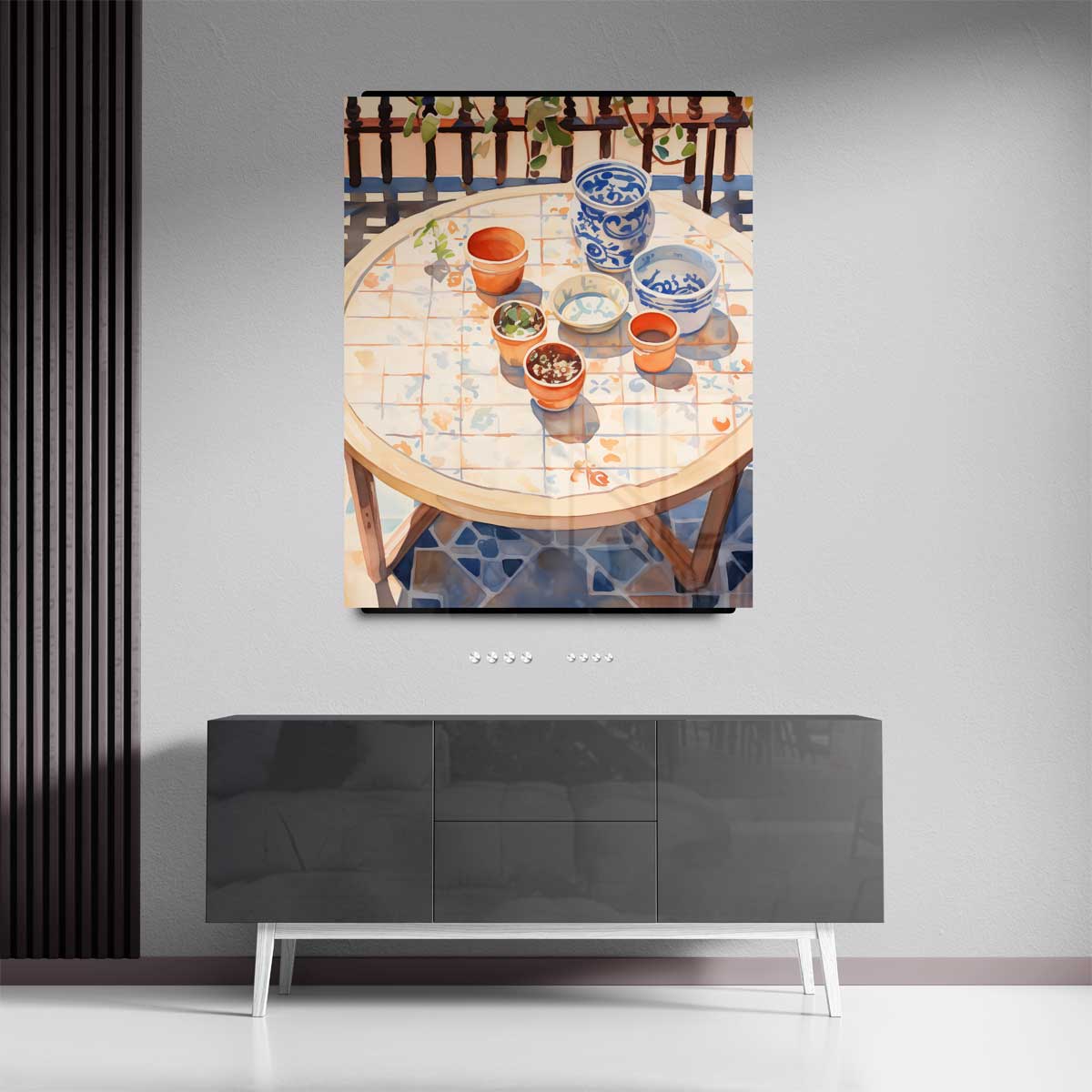 Zonnige Terrastafel met Bloempotten Kunstwerk-canvas-dibond-plexiglas-wanddecoratie-WallArtistic
