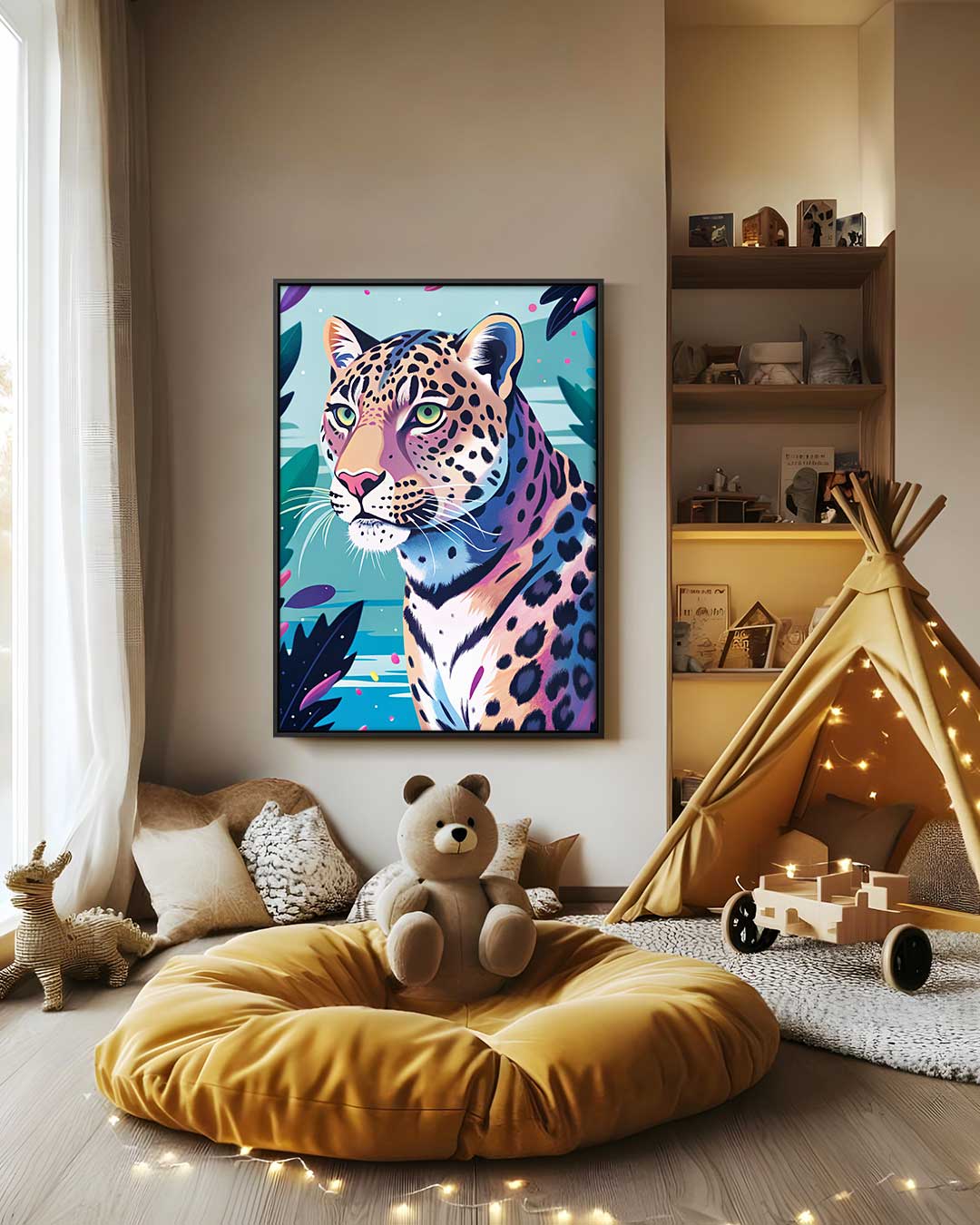 Elegante Luipaard in Kleurrijke Jungle Kunstwerk-canvas-dibond-plexiglas-wanddecoratie-WallArtistic