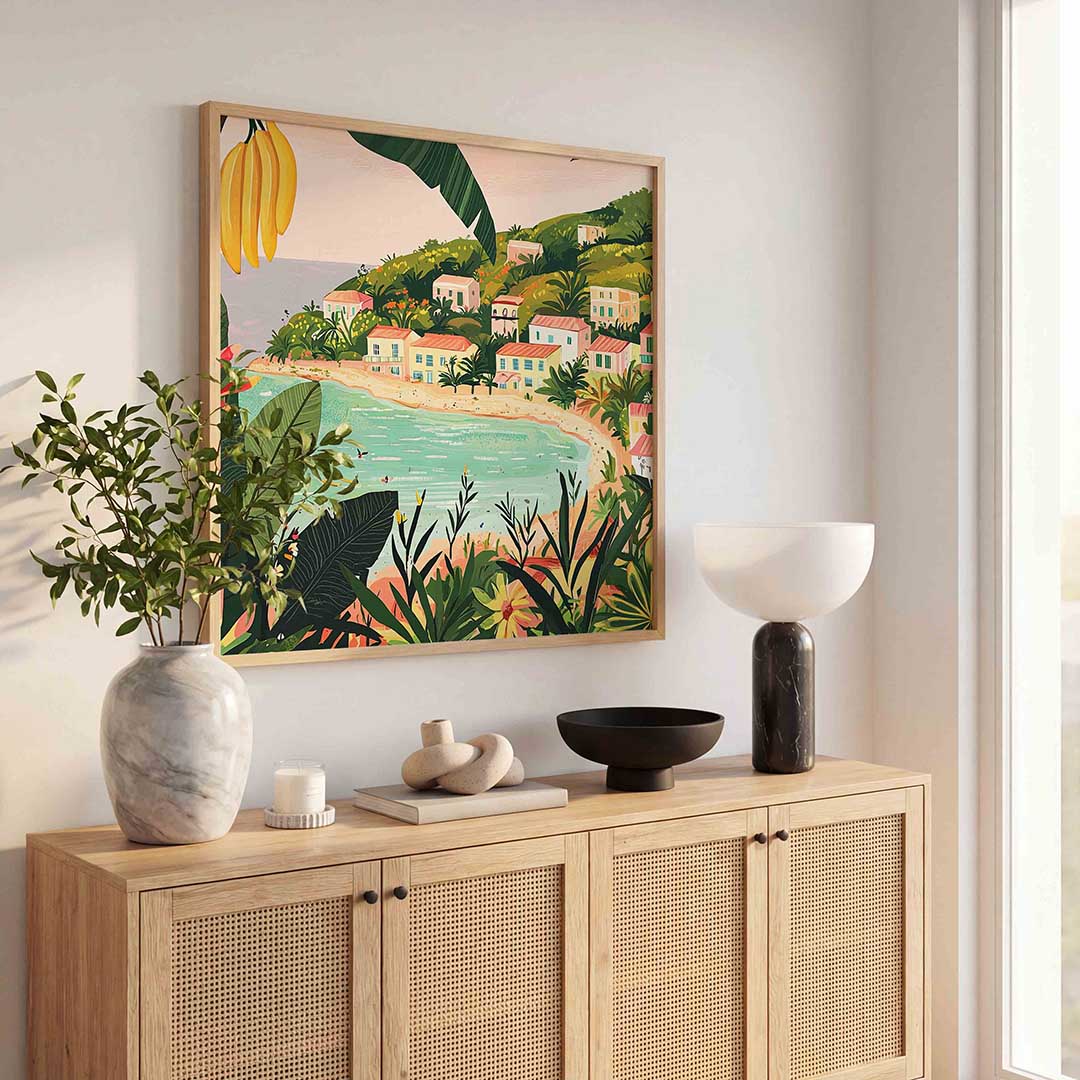 Tropisch strand met huizen Poster