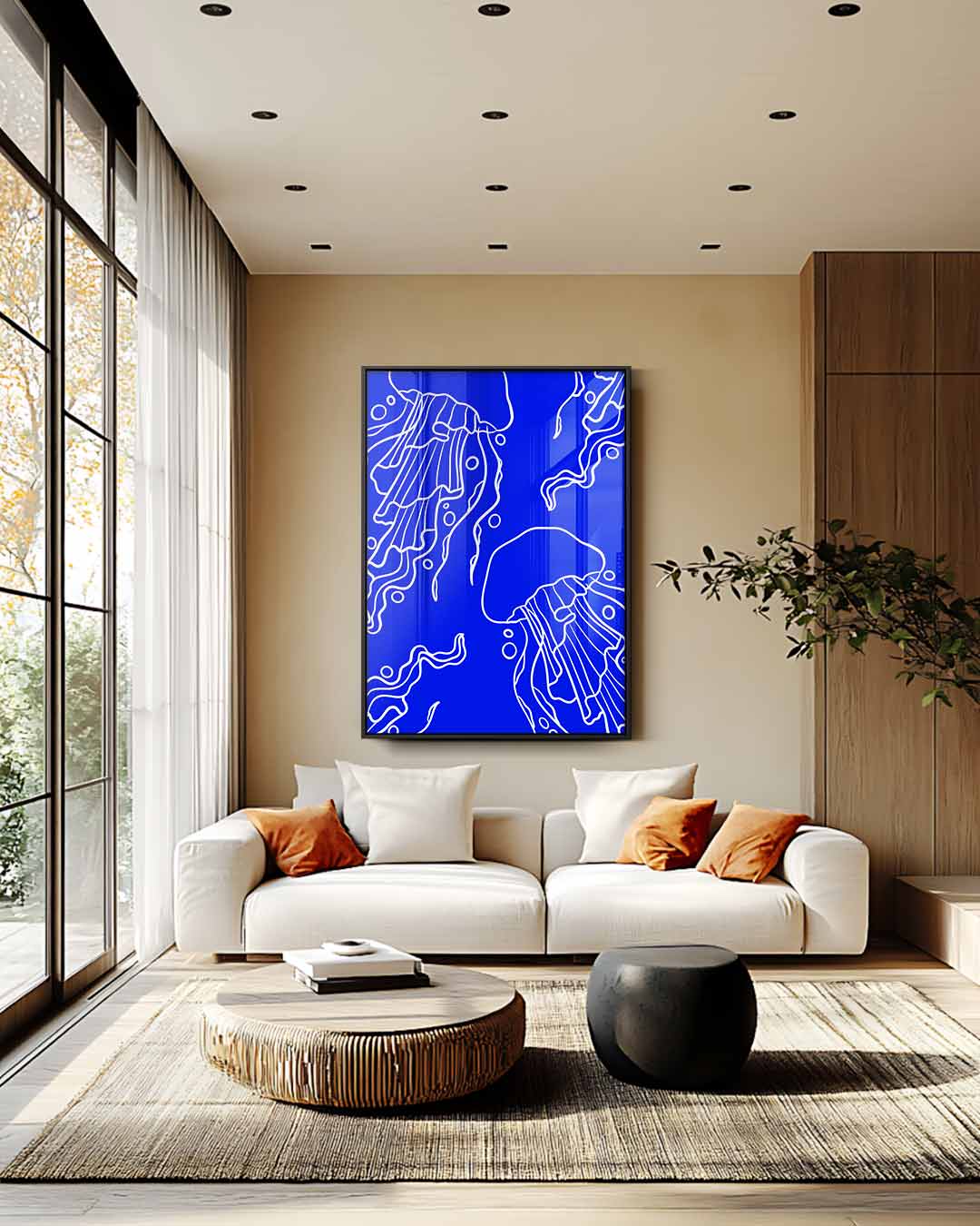 Dromerige Kwallen in Diepblauw Kunstwerk-canvas-dibond-plexiglas-wanddecoratie-WallArtistic