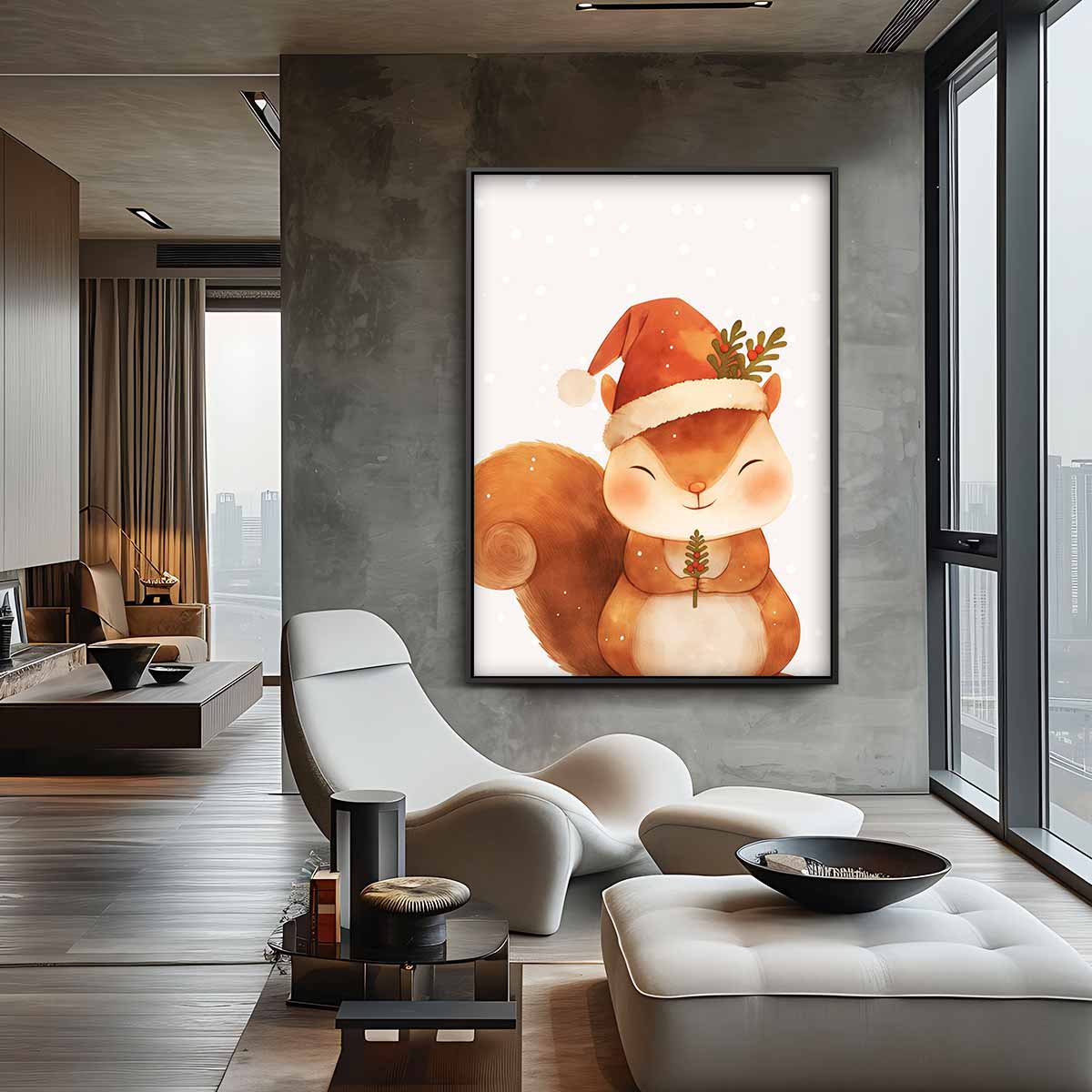 Vrolijk Eekhoorn Kerstkunstwerk Kunstwerk-canvas-dibond-plexiglas-wanddecoratie-WallArtistic