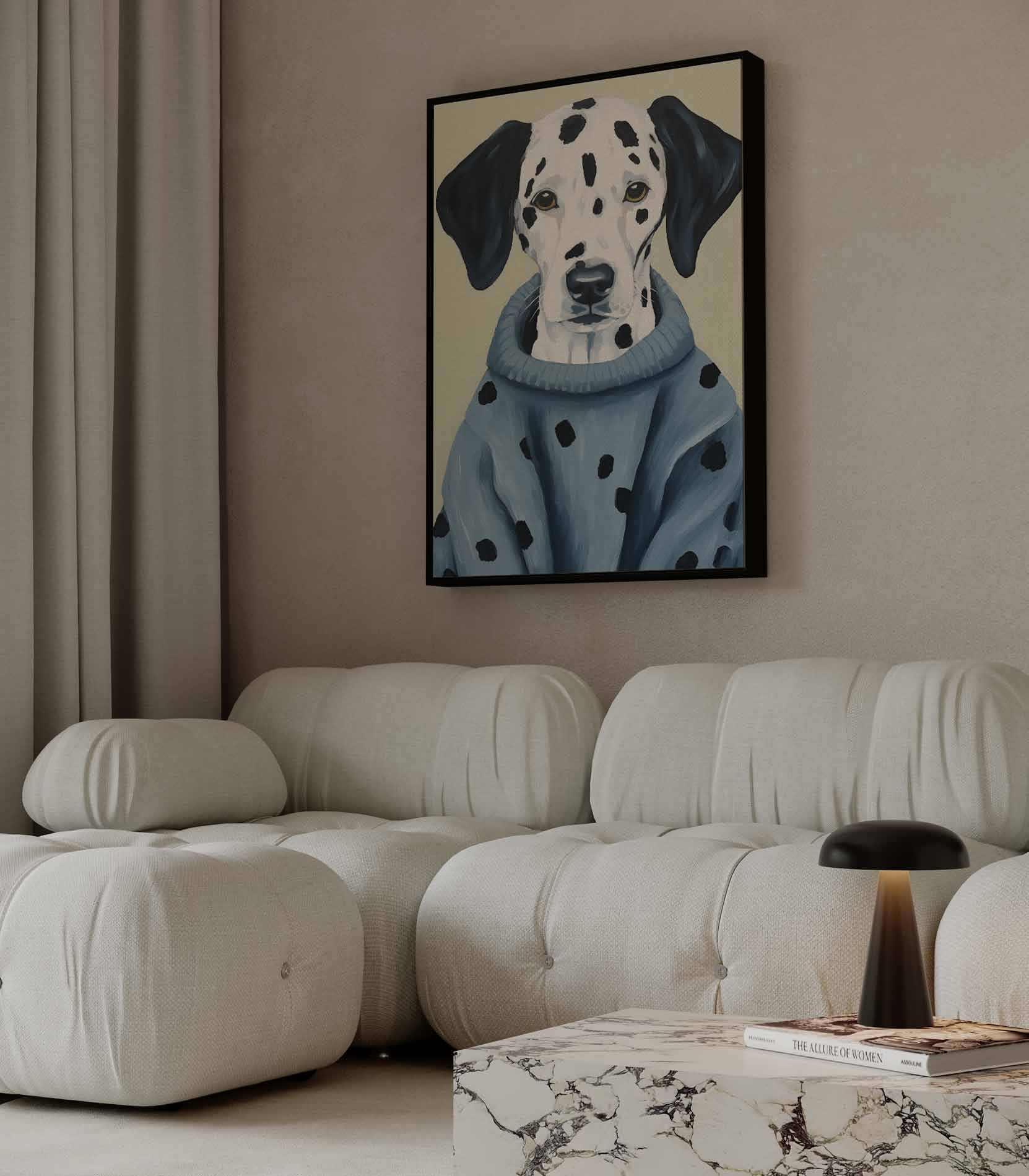 Stijlvolle Dalmatiër in Blauwe Trui Kunstwerk-canvas-dibond-plexiglas-wanddecoratie-WallArtistic