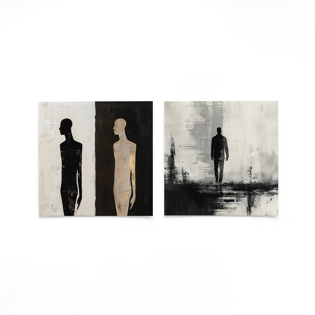Twee vierkante posters met menselijke silhouetten op een gebroken witte achtergrond