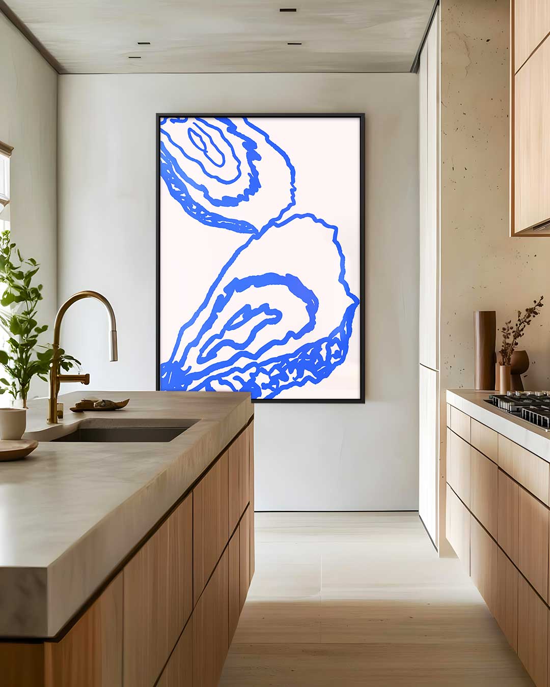 Abstracte Blauwe Contouren op Beige Kunstwerk-canvas-dibond-plexiglas-wanddecoratie-WallArtistic