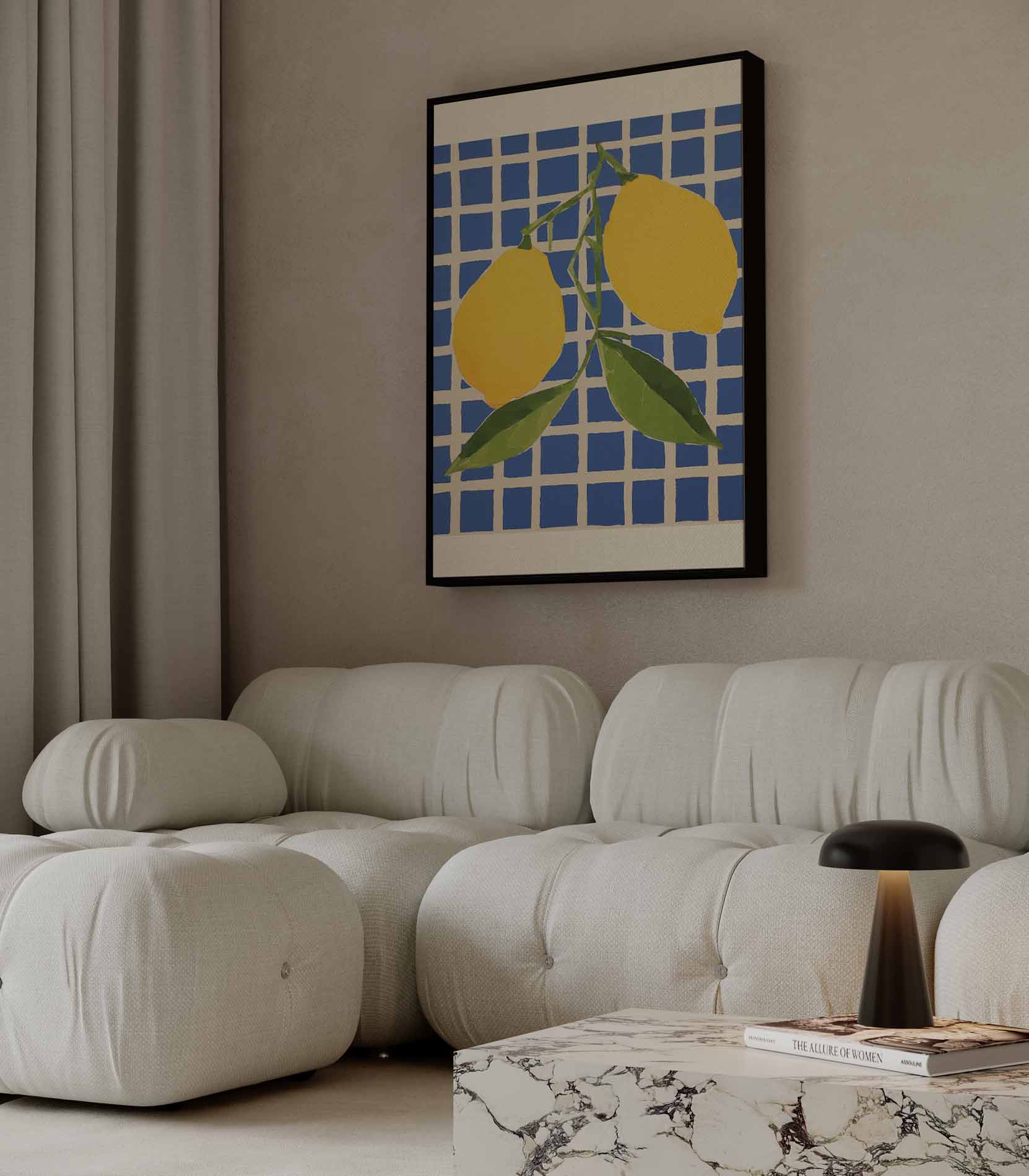 Citroenen op Blauw Geruit Kunstwerk-canvas-dibond-plexiglas-wanddecoratie-WallArtistic