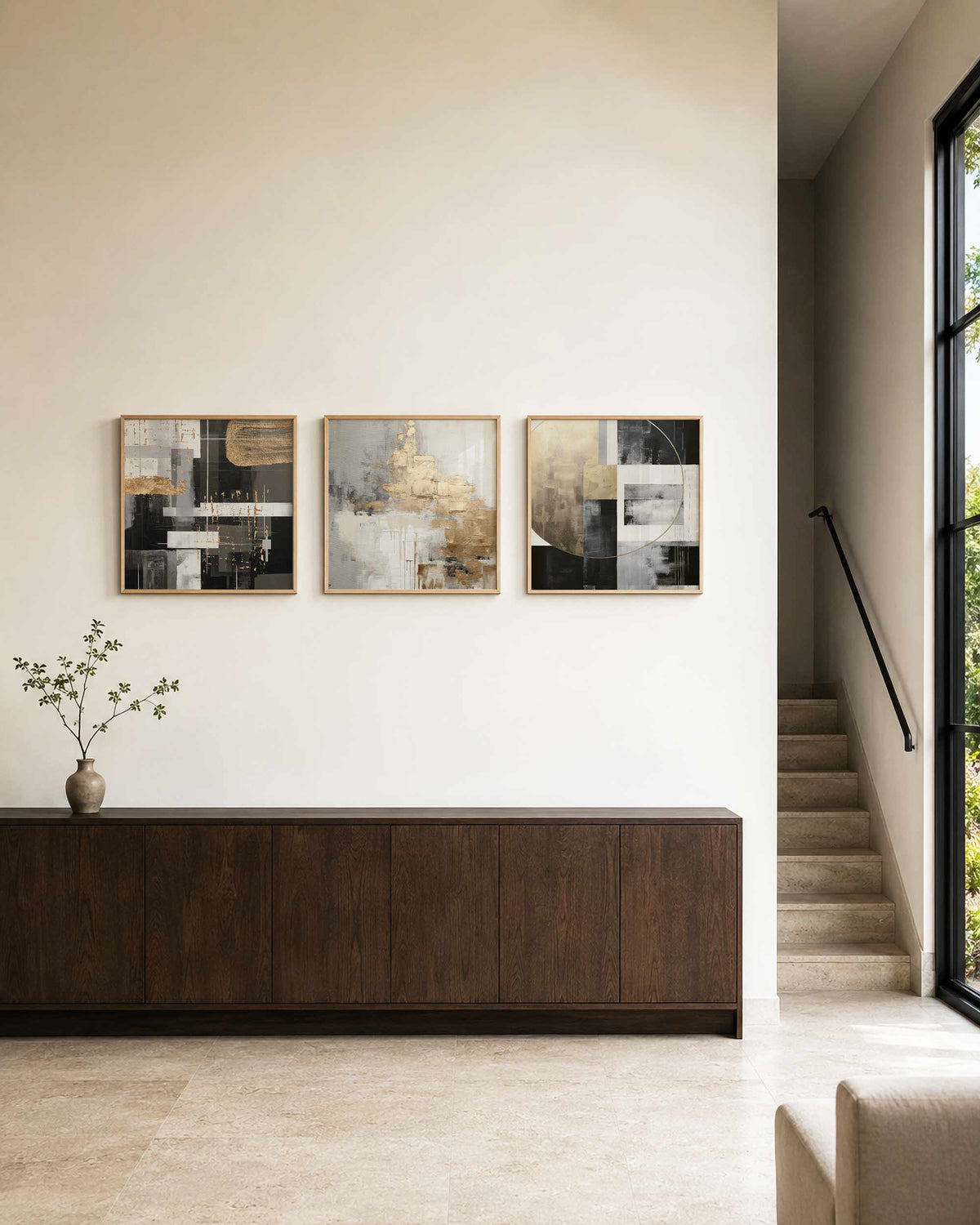Interieurpresentatie van een driedelige vierkante posterset met abstracte geometrie