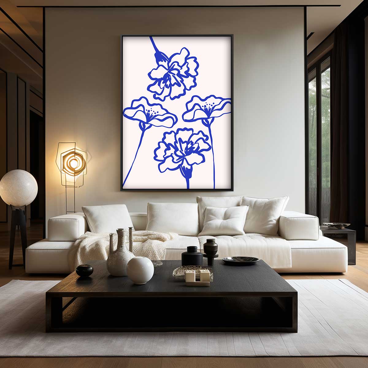 Bloemen in Blauwe Lijnen Kunstwerk-canvas-dibond-plexiglas-wanddecoratie-WallArtistic