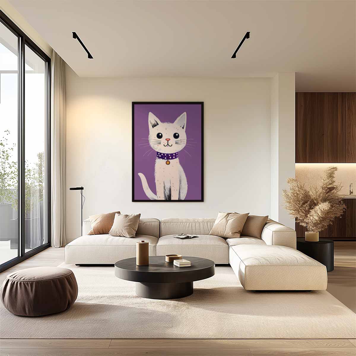 Vrolijke Kat op Paarse Achtergrond Kunstwerk-canvas-dibond-plexiglas-wanddecoratie-WallArtistic