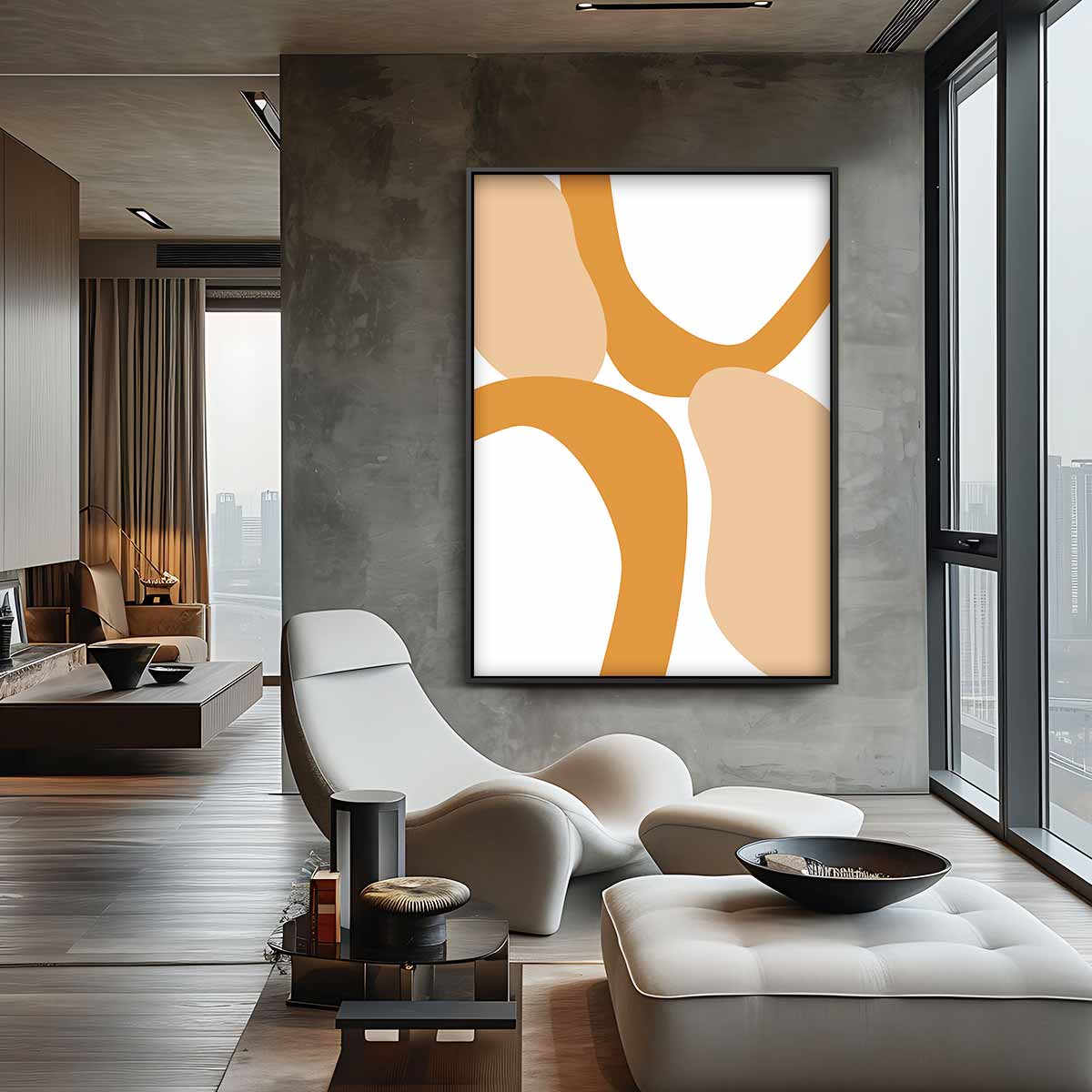 Abstracte Flow in Beige en Oranje Kunstwerk-canvas-dibond-plexiglas-wanddecoratie-WallArtistic