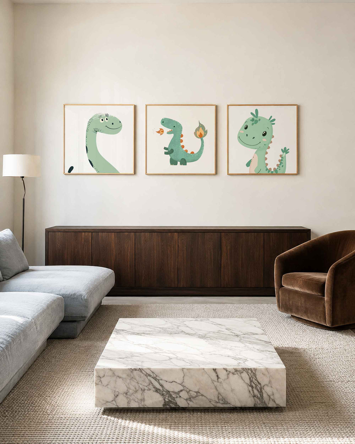 Interieurpresentatie van een driedelige vierkante posterset met groene dino