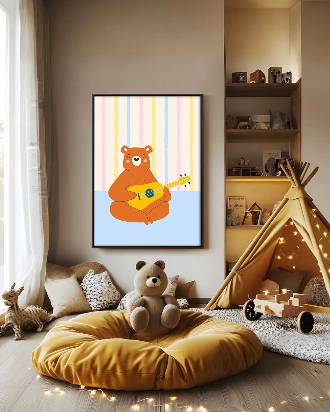 Muzikale Beer Met Gitaar Kunstwerk-canvas-dibond-plexiglas-wanddecoratie-WallArtistic