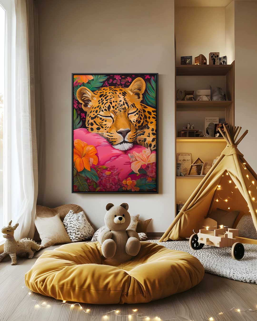 Dromende Luipaard op Roze Kussen Kunstwerk-canvas-dibond-plexiglas-wanddecoratie-WallArtistic