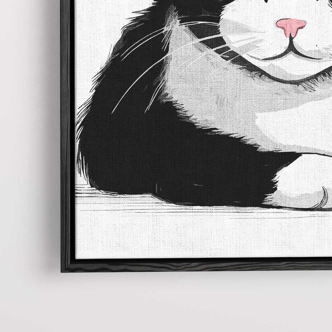 Relaxte Kat in Stijlvolle Zwart-Wit Illustratie Kunstwerk-canvas-dibond-plexiglas-wanddecoratie-WallArtistic