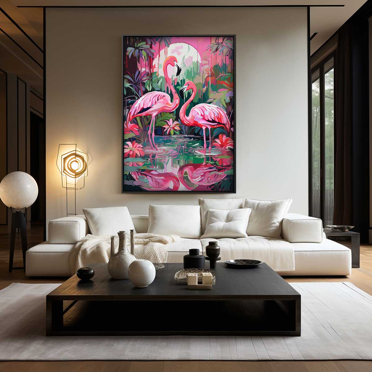 Tropische Flamingo's bij Zonsondergang Kunstwerk-canvas-dibond-plexiglas-wanddecoratie-WallArtistic