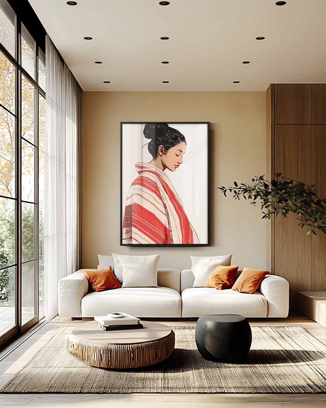 Vrouw in Rood-Wit Geblokte Kimono Kunstwerk-canvas-dibond-plexiglas-wanddecoratie-WallArtistic