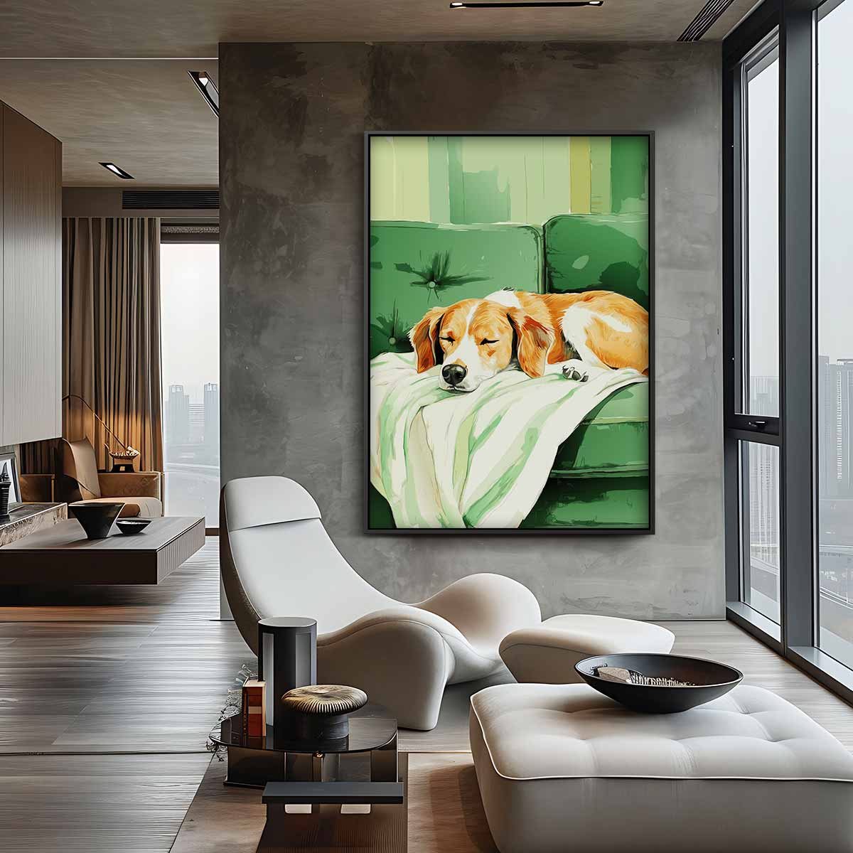 Snoezige Hond op Groen Bankje Kunstwerk-canvas-dibond-plexiglas-wanddecoratie-WallArtistic