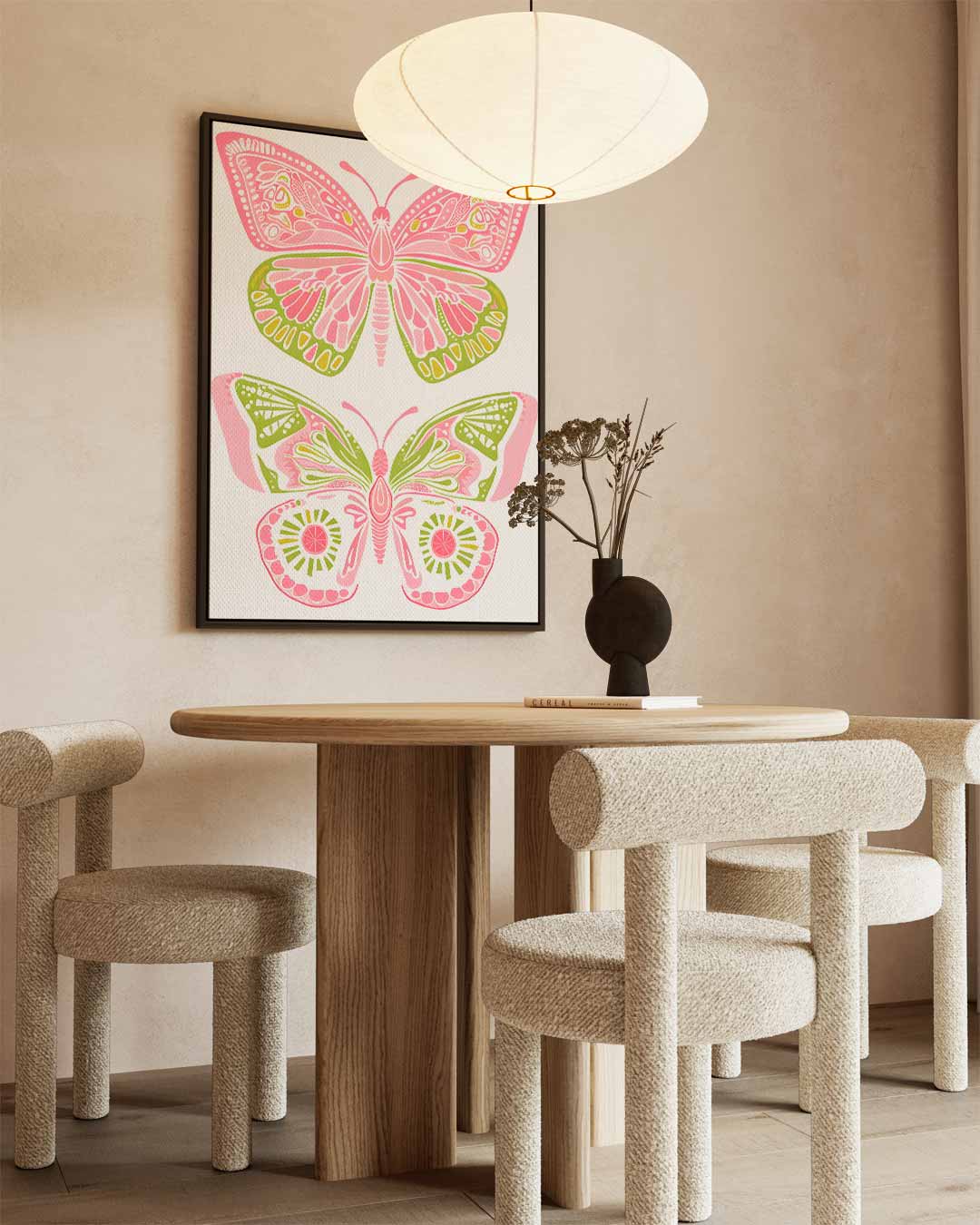 Vlinderdroom in Roze en Groen Kunstwerk-canvas-dibond-plexiglas-wanddecoratie-WallArtistic
