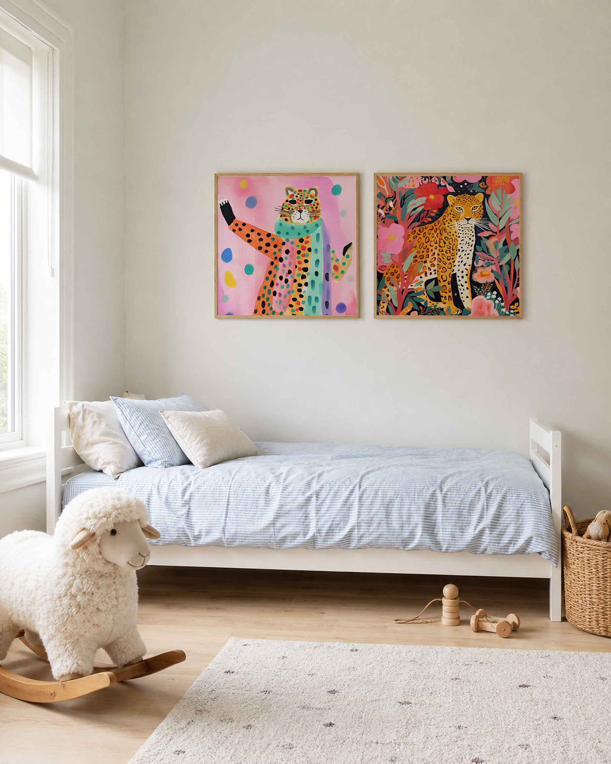 Interieurpresentatie van een tweedelige vierkante posterset met gevlekte katten