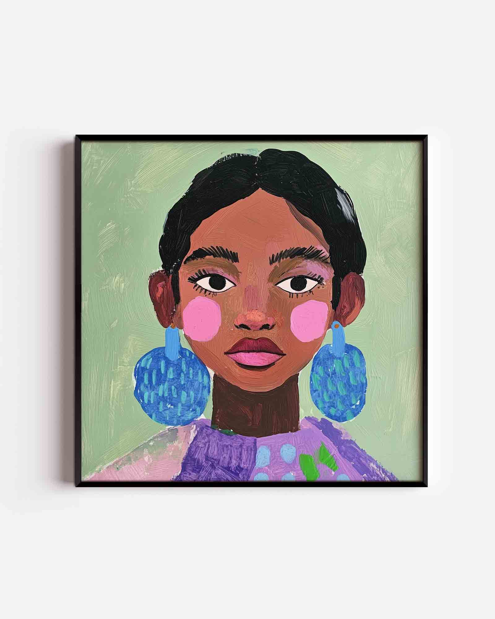 Portret met blauwe oorbellen Poster