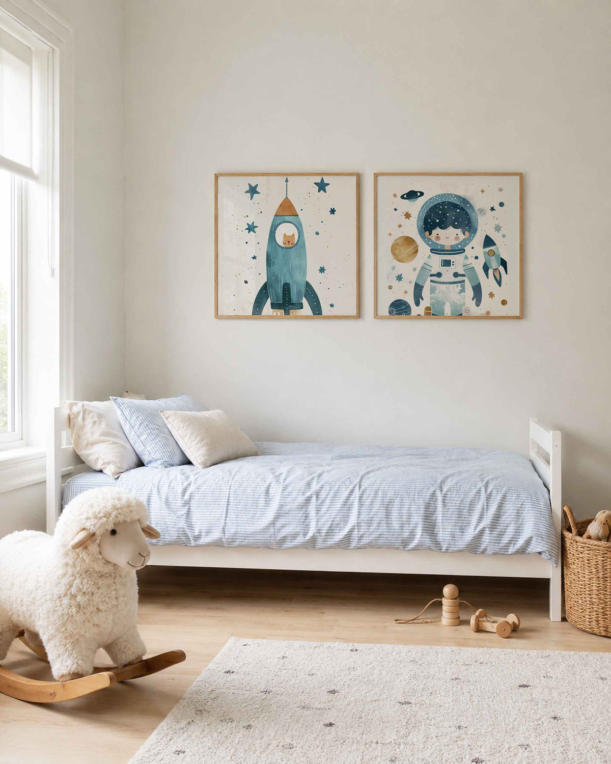 Interieurpresentatie van een tweedelige vierkante posterset met ruimtekat en astronaut