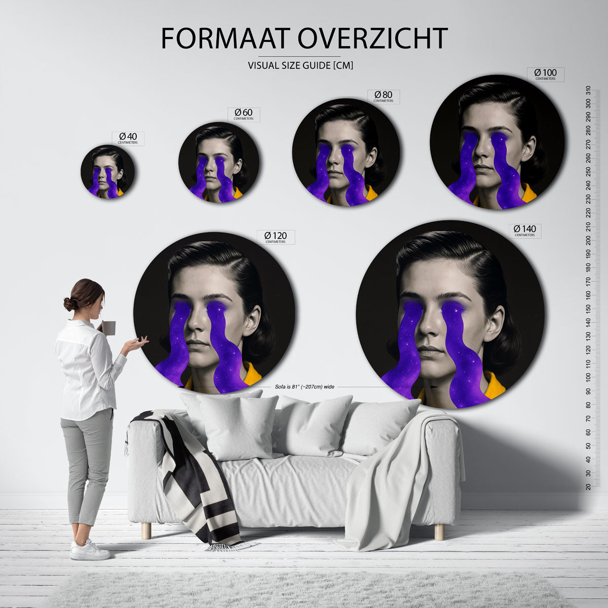 Portret met paarse vormen Muurcirkel