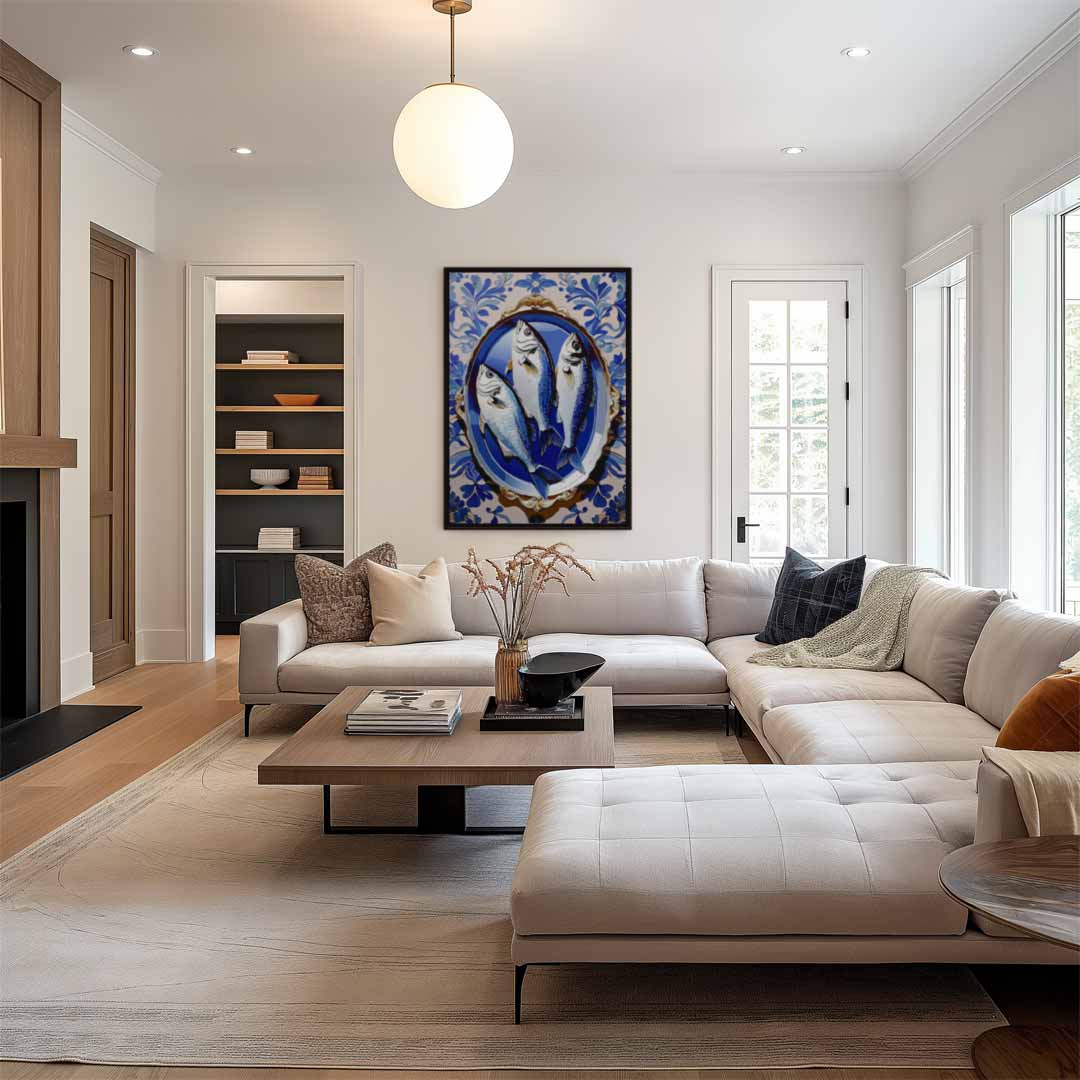 Vissen op Blauw Keramiek Kunstwerk-canvas-dibond-plexiglas-wanddecoratie-WallArtistic