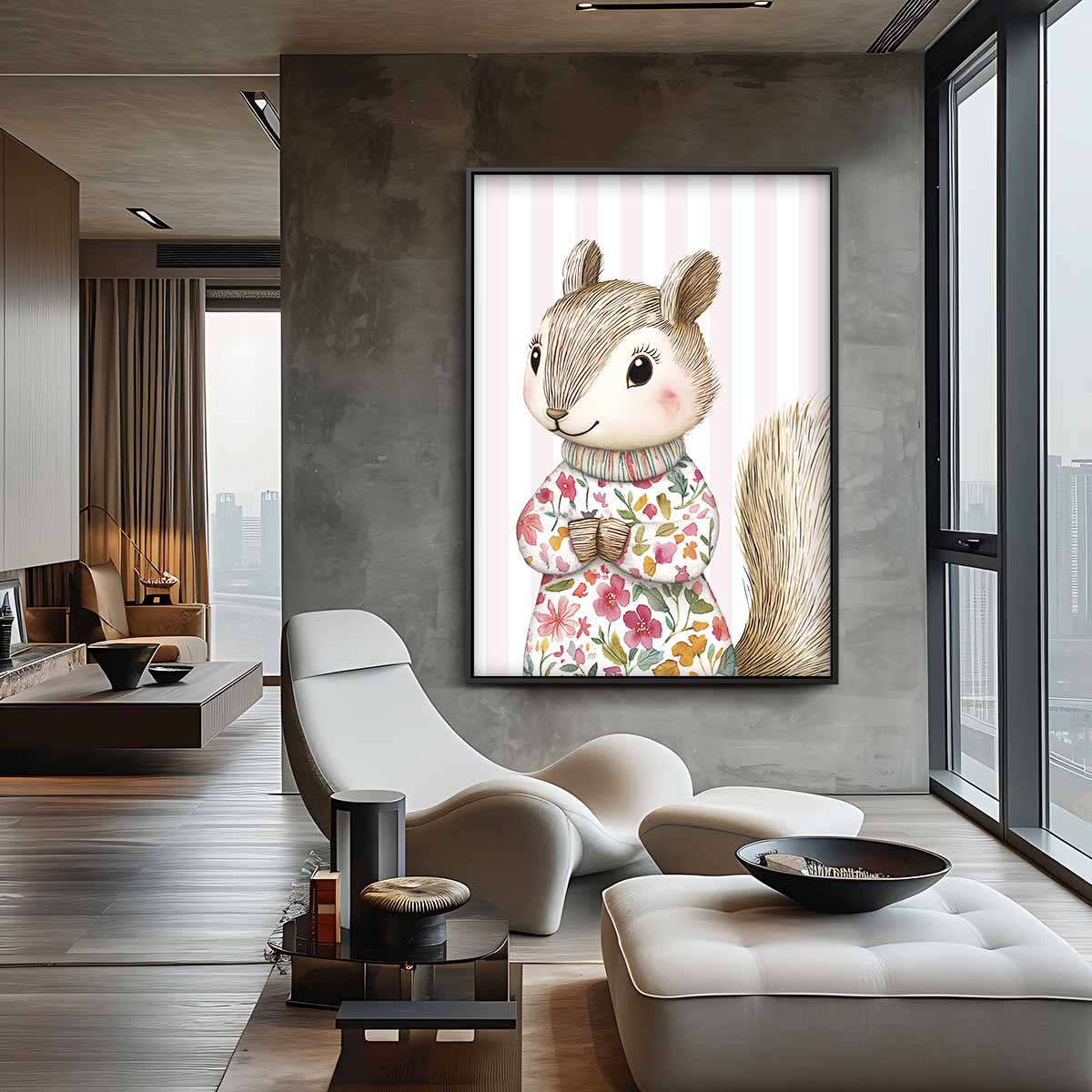 Schattige Bloemen Eekhoorn Kunstwerk-canvas-dibond-plexiglas-wanddecoratie-WallArtistic