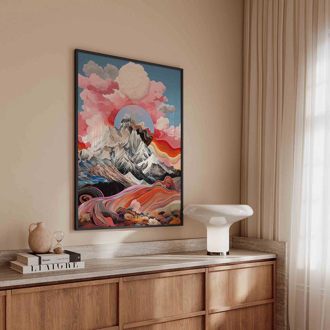 Berglandschap met kleurrijke wolken Poster