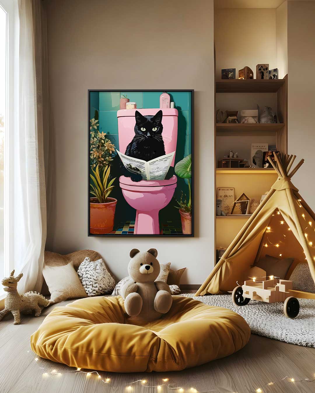 Kat op het Toilet Kunstwerk-canvas-dibond-plexiglas-wanddecoratie-WallArtistic
