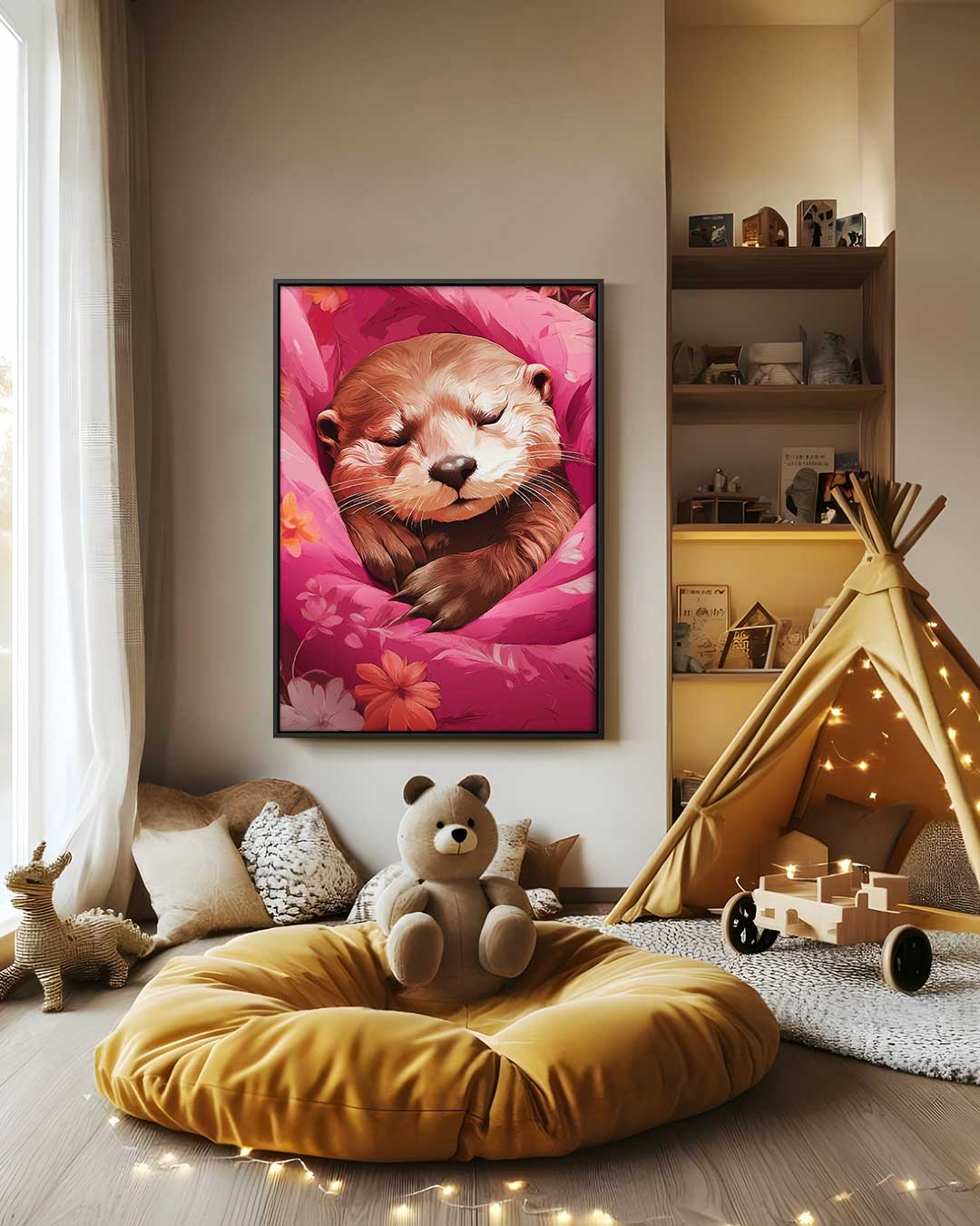 Dromerige Otter in Bloemen Kunstwerk-canvas-dibond-plexiglas-wanddecoratie-WallArtistic