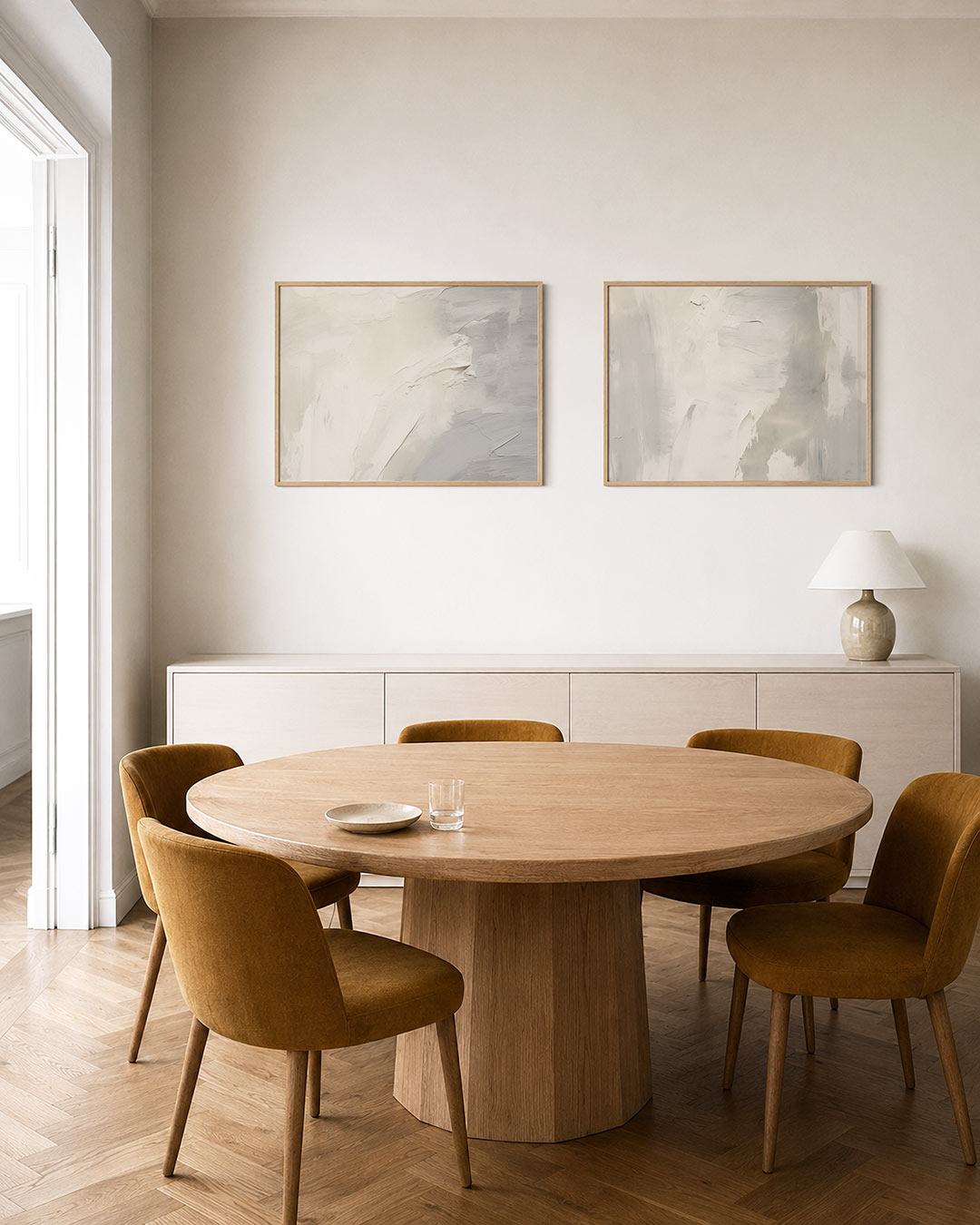 Twee liggende posters met vloeiende, zachte kleurvlakken in wit en grijs, aan de muur in een interieur