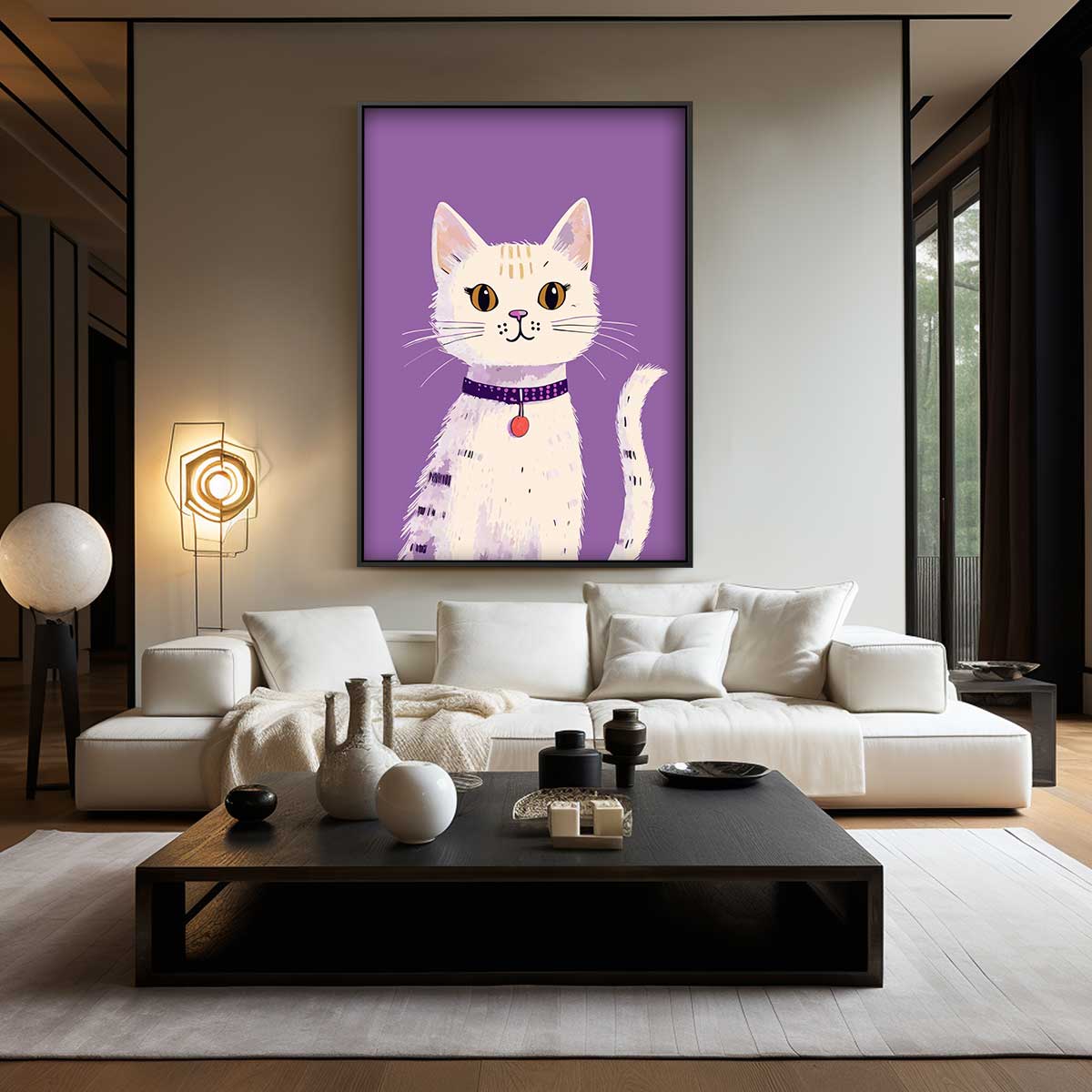 Speelse Kat op Paarse Achtergrond Kunstwerk-canvas-dibond-plexiglas-wanddecoratie-WallArtistic