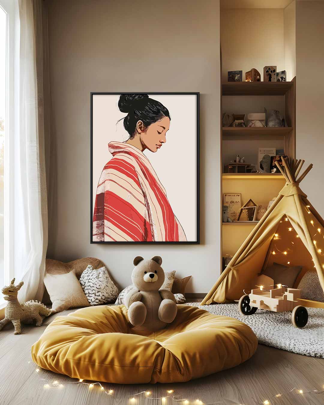 Vrouw in Rood-Wit Geblokte Kimono Kunstwerk-canvas-dibond-plexiglas-wanddecoratie-WallArtistic