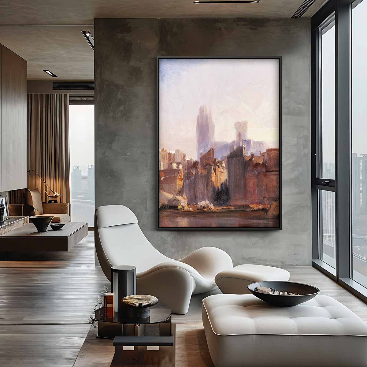 Stad in Ochtendlicht Kunstwerk-canvas-dibond-plexiglas-wanddecoratie-WallArtistic
