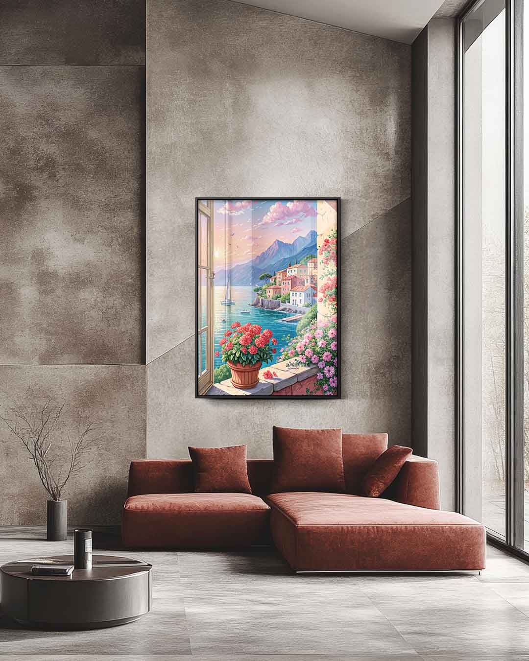 Mediterraans Uitzicht bij Zonsondergang Kunstwerk-canvas-dibond-plexiglas-wanddecoratie-WallArtistic