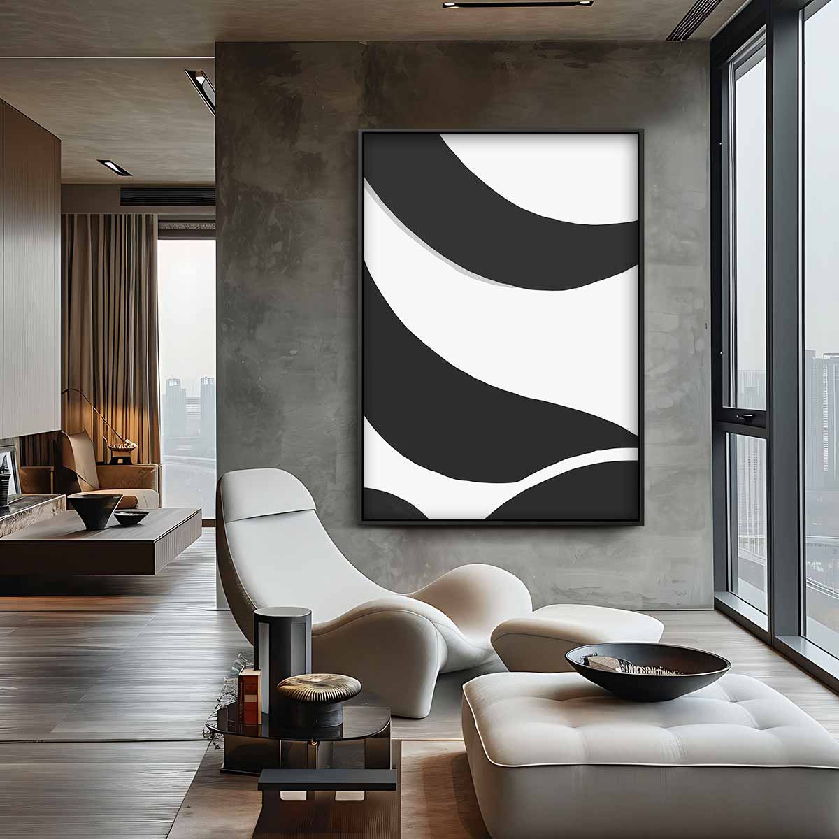 Zwarte Golven op Witte Achtergrond Kunstwerk-canvas-dibond-plexiglas-wanddecoratie-WallArtistic