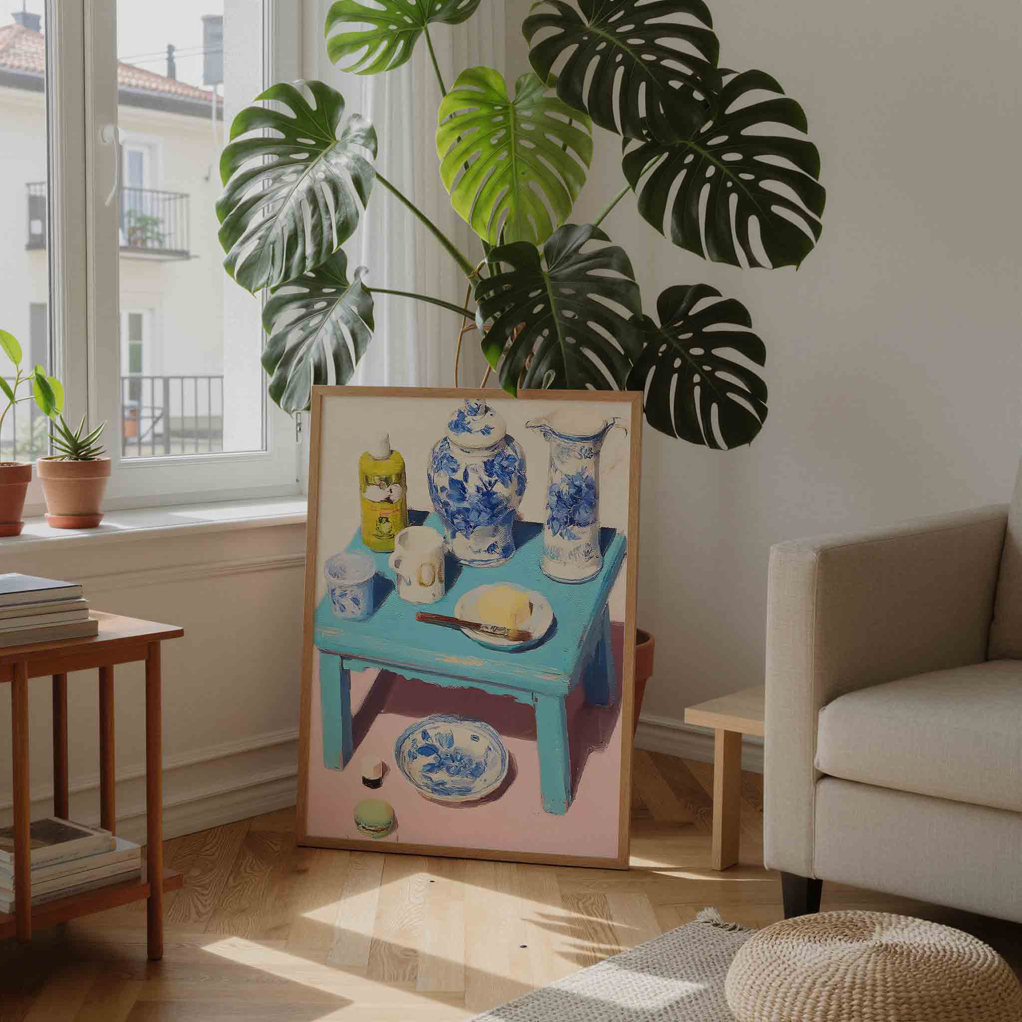 Blauw witte servies op blauwe tafel Poster