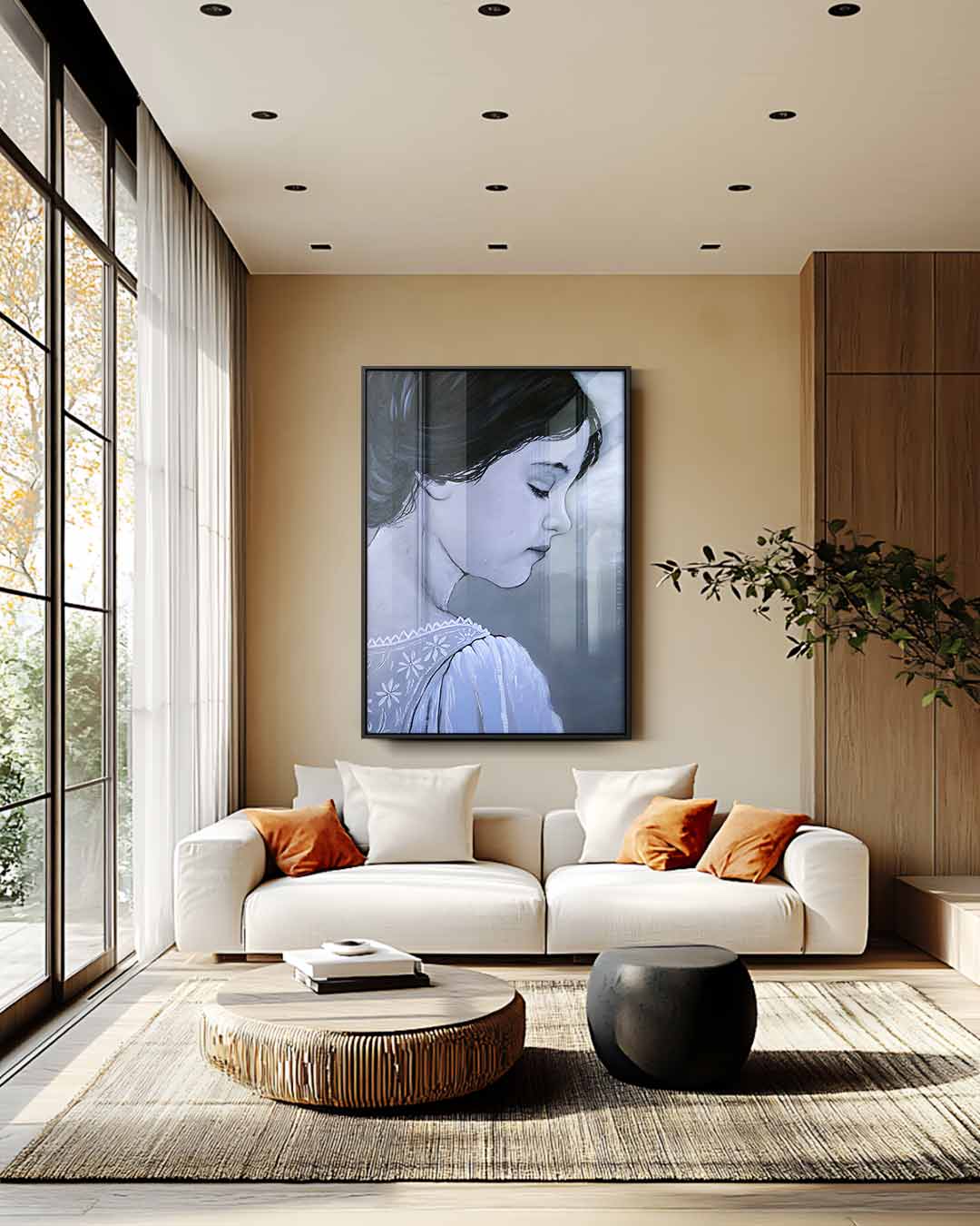 Dromerig Meisje in Grijstinten Kunstwerk-canvas-dibond-plexiglas-wanddecoratie-WallArtistic