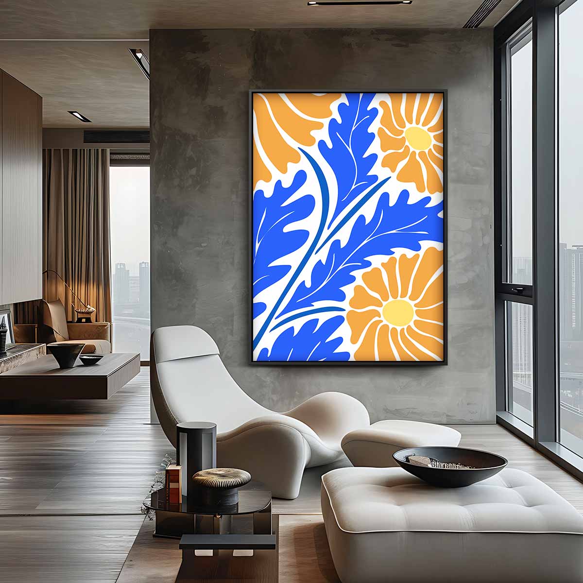 Bloeiend Blauw Oranjetapijt Kunstwerk-canvas-dibond-plexiglas-wanddecoratie-WallArtistic