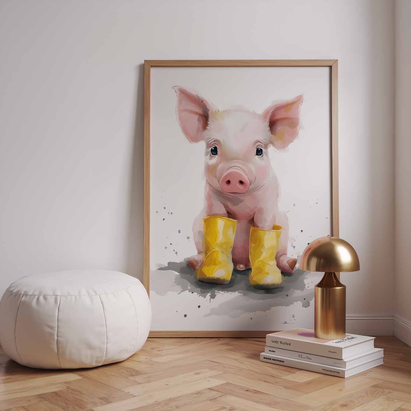 Schattig Varkentje in Gele Regenlaarsjes Poster