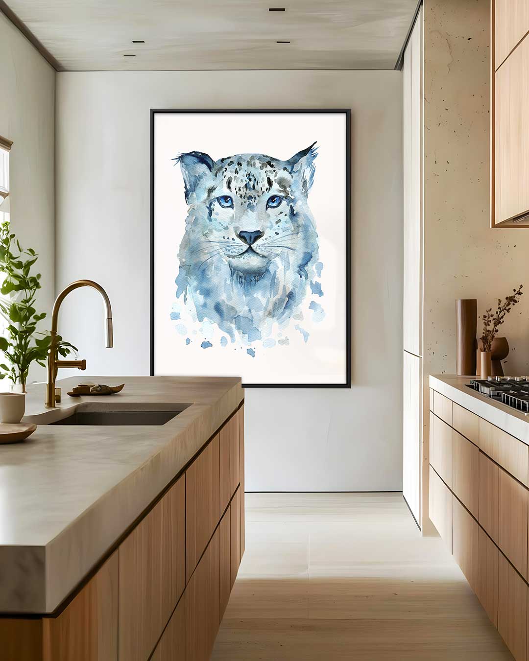 Blauwe Sneeuwluipaard Kunst Kunstwerk-canvas-dibond-plexiglas-wanddecoratie-WallArtistic