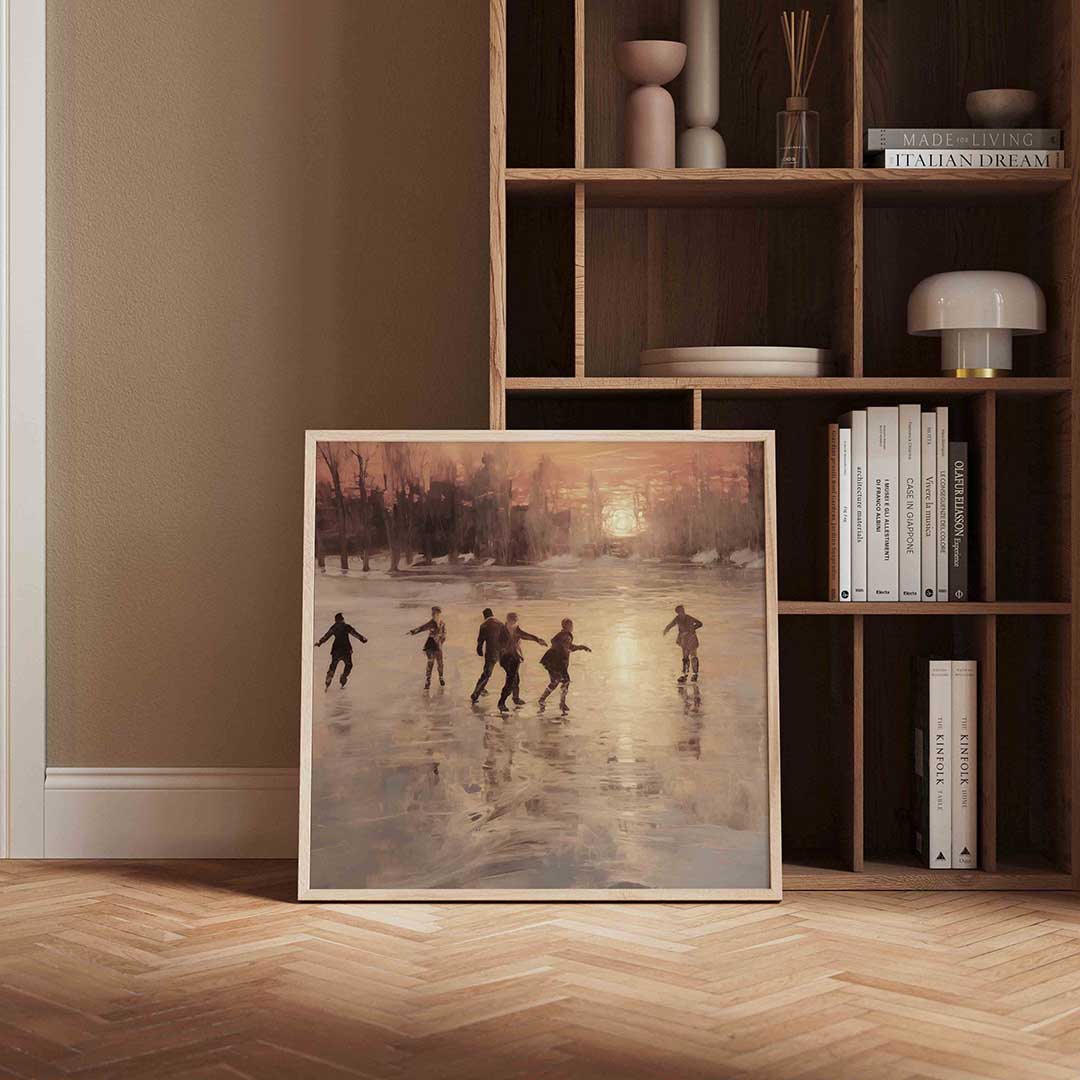 Schaatsers bij zonsondergang Poster