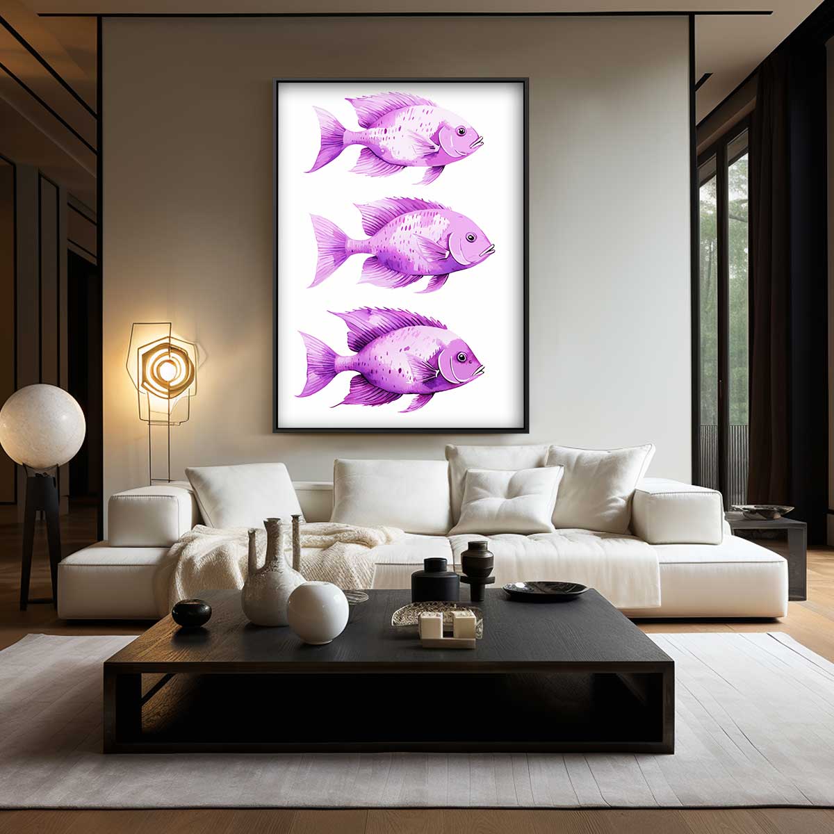 Speelse Paarse Vistrio Kunstwerk-canvas-dibond-plexiglas-wanddecoratie-WallArtistic