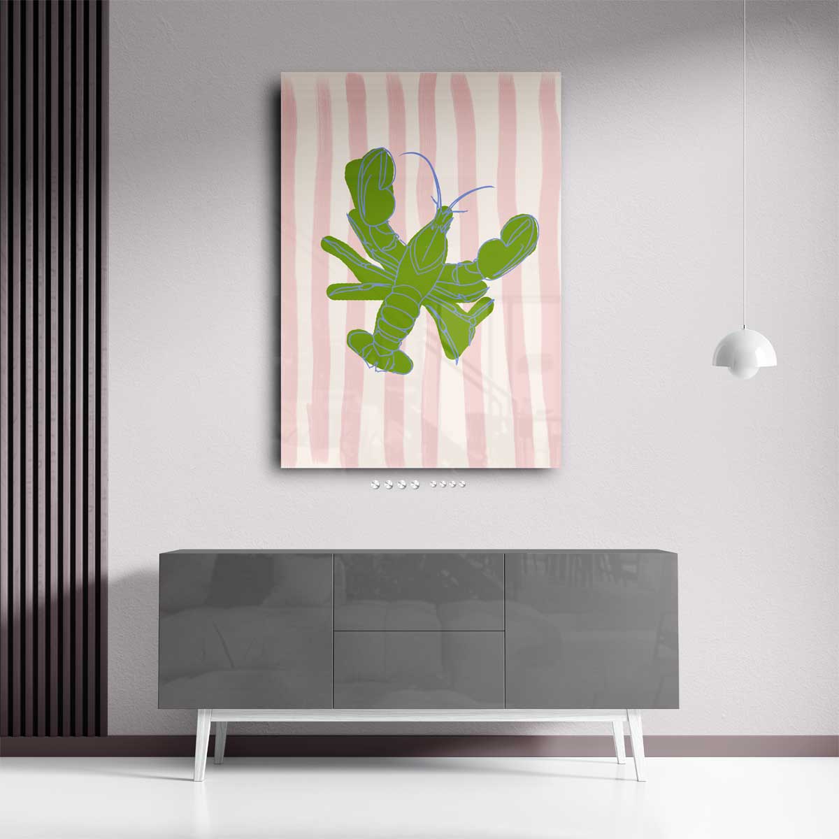 Groene Kreeft op Strepen Kunstwerk-canvas-dibond-plexiglas-wanddecoratie-WallArtistic