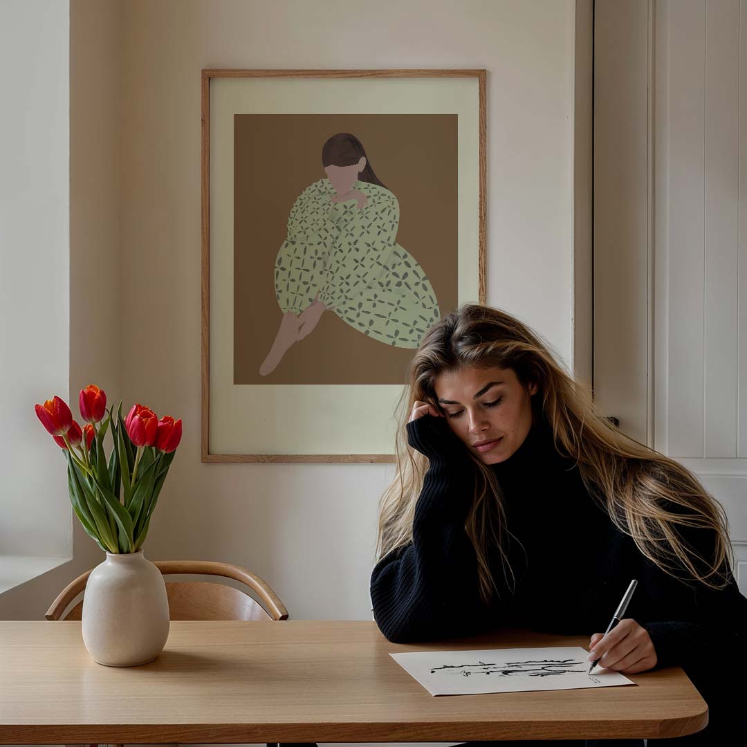 Dromerige Dame met Bladmotief Poster-WallArtistic