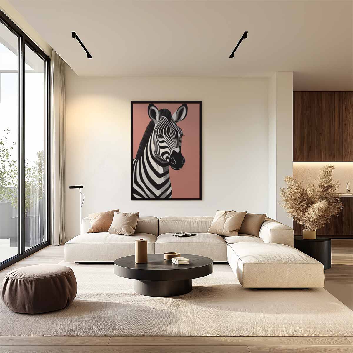 Zebra Portret op Roze Achtergrond Kunstwerk-canvas-dibond-plexiglas-wanddecoratie-WallArtistic