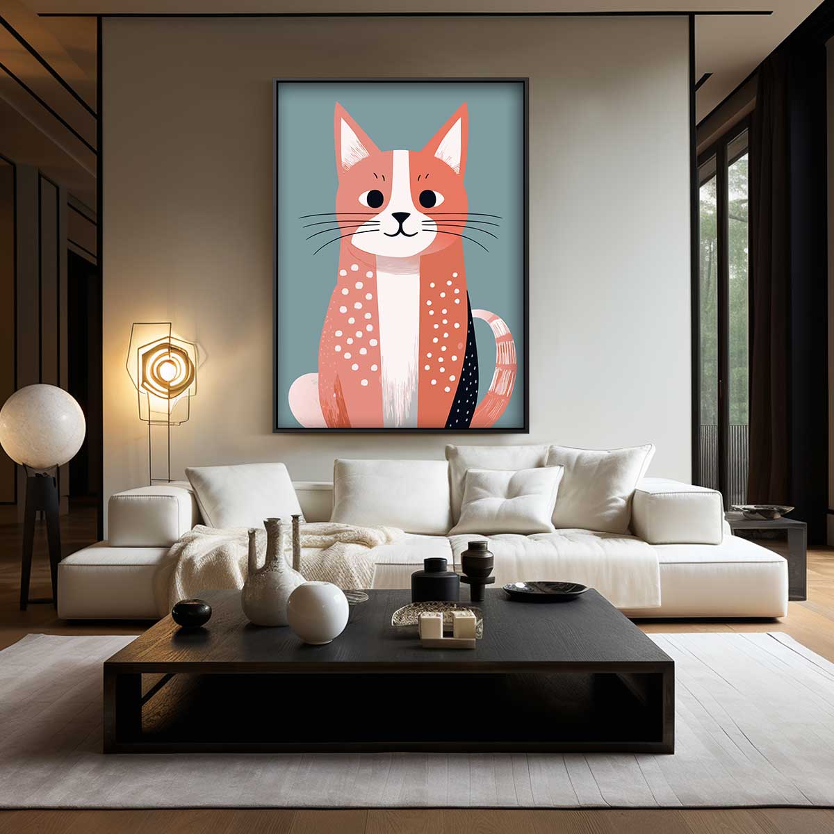 Vrolijke Kat Illustratie Kunstwerk-canvas-dibond-plexiglas-wanddecoratie-WallArtistic